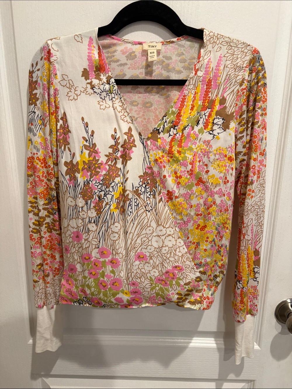 Anthropologie TINY Brand Floral Wrap-Style Long Sleeve Top in Pink and Brown